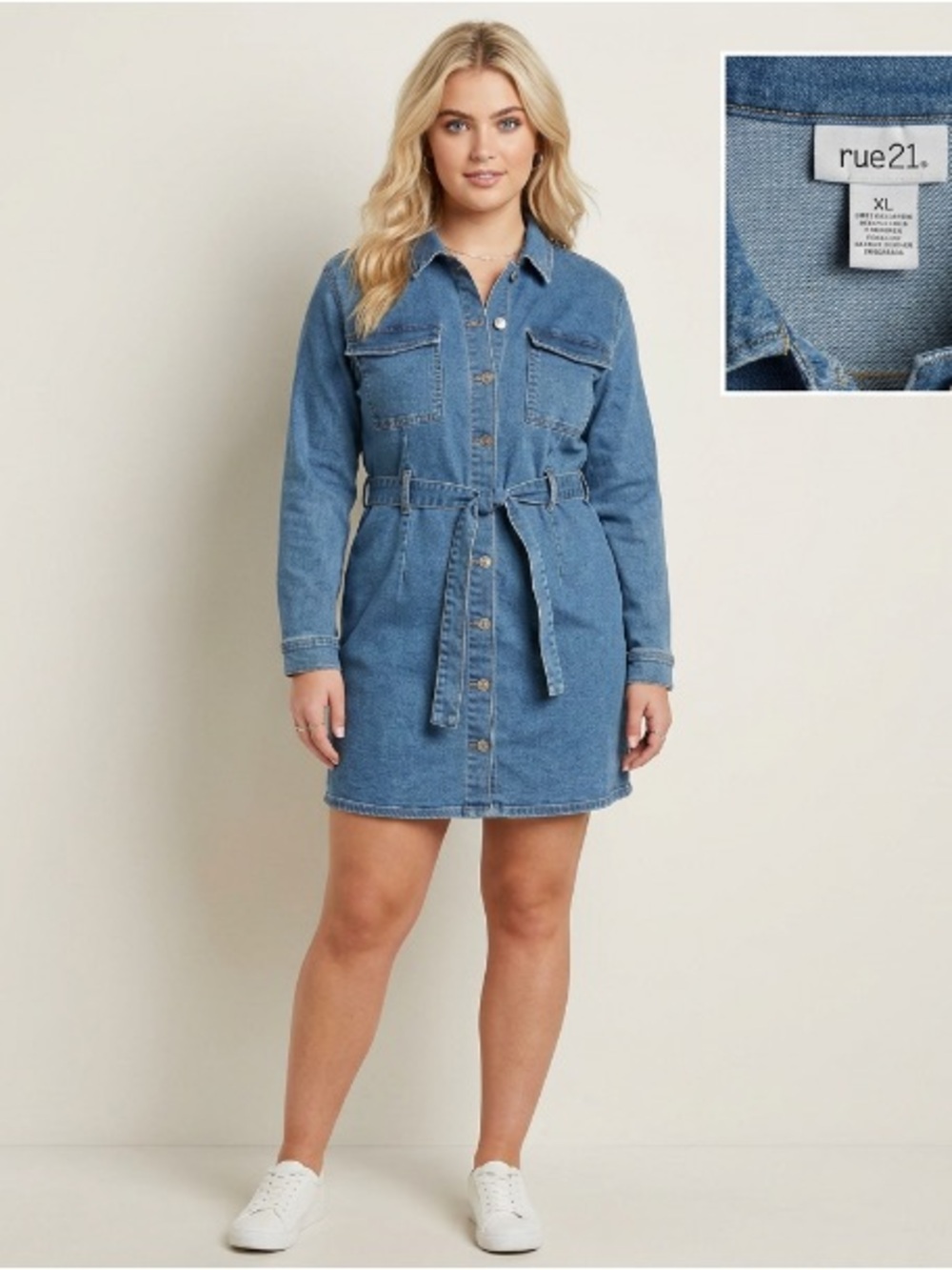rue21 Blue Denim Button-Up Shirt Dress with Tie Waist Y2K Junior’s XL